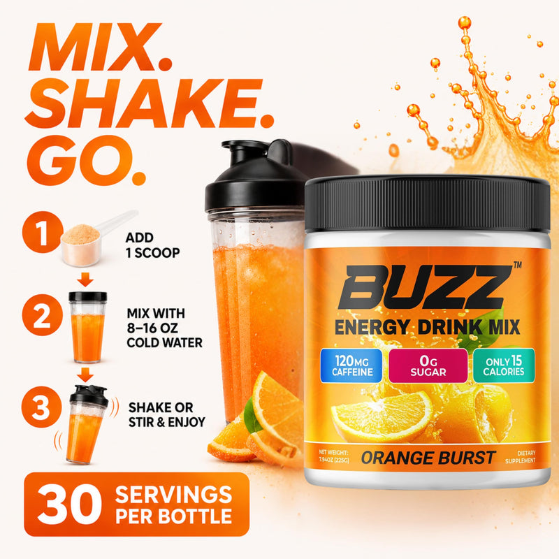 Sugar Free Energy Drink Powder, 18 Vitamins & Minerals, Orange Burst Flavor | Energy Drink Mix with amino acids for Pre Workout energy & focus, no jitters, no artificial dye, gluten-free, made in USA