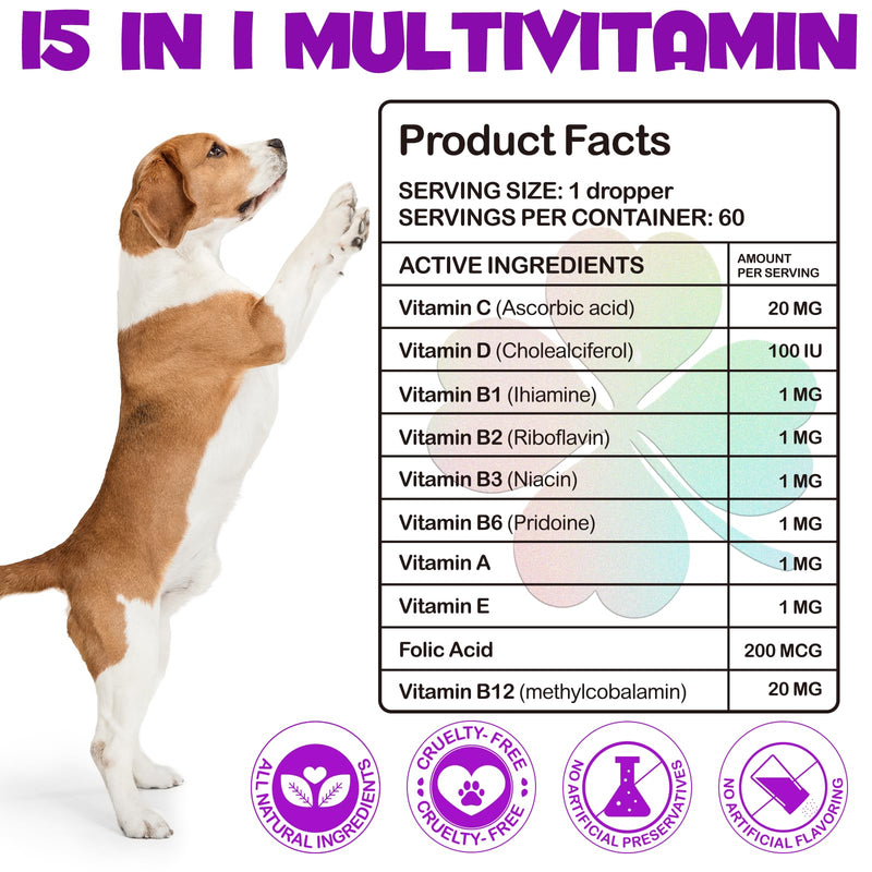 Dog vitamins and supplements, 15 in 1 Dog Multivitamin Drops, 60ml multivitamin for dogs, Helps with Immune System, Skin and Coat, Gut Health and Heart Health Digestion