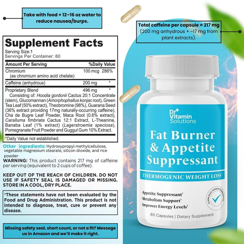 Fat Burner for Women & Men, Appetite Suppressant Weight Loss Pills Belly | Thermogenic Diet Pills, Metabolism Booster, Glucomannan, Green Tea Extract, 60 Capsules 2 Month Supply, Non-GMO, Made in USA 60 Count