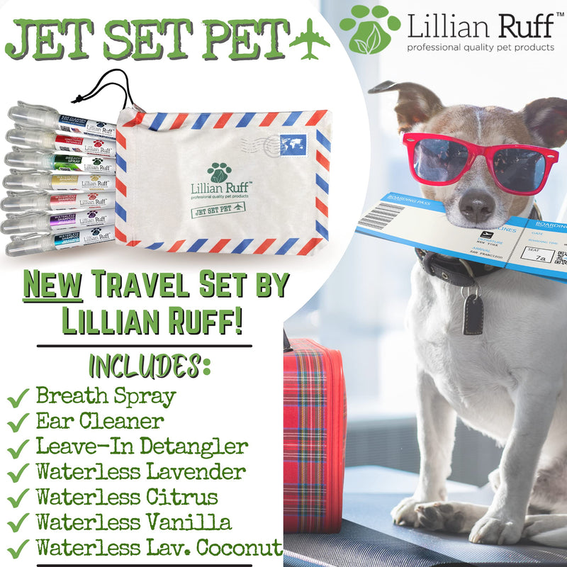 Lillian Ruff Travel Kit for Dogs | Dog Grooming Spray for Airline Travel, Dog Camping, Dog Beach | Deodorizing Waterless Dog Shampoo x4, Dog Breath Freshener, Dog Detangler Spray, Dog Ear Cleaner - PawsPlanet Australia