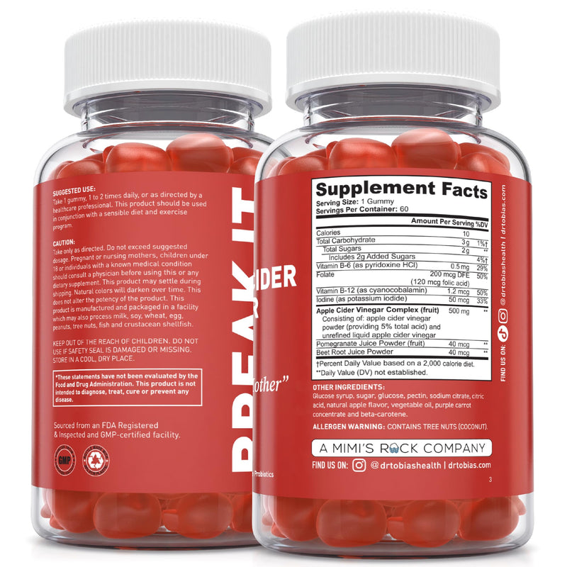 Dr. Tobias Apple Cider Vinegar Gummies with The Mother 120 Count | Digestive & Daily Wellness Support | 500 mg ACV | Folate + B6 + B12 + Iodine | Vegan | 60 Servings 120 Count (Pack of 2)