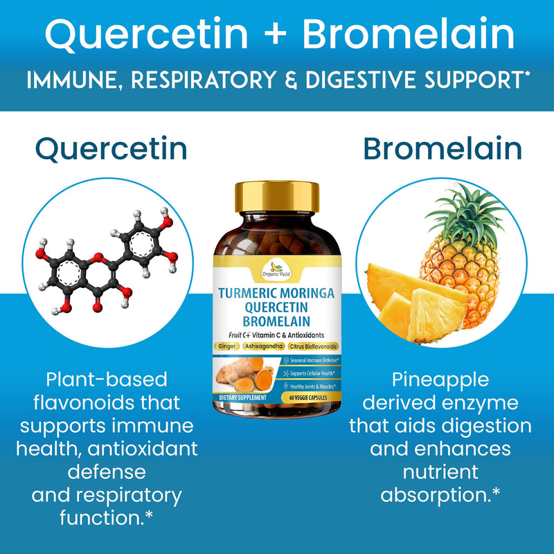 Organic Veda Quercetin with Bromelain Supplement Turmeric Moringa Powerful Antioxidants for Immune Support, Natural Respiratory Health - Super Fruits Vitamin C with Citrus Bioflavonoids - 60 Capsules