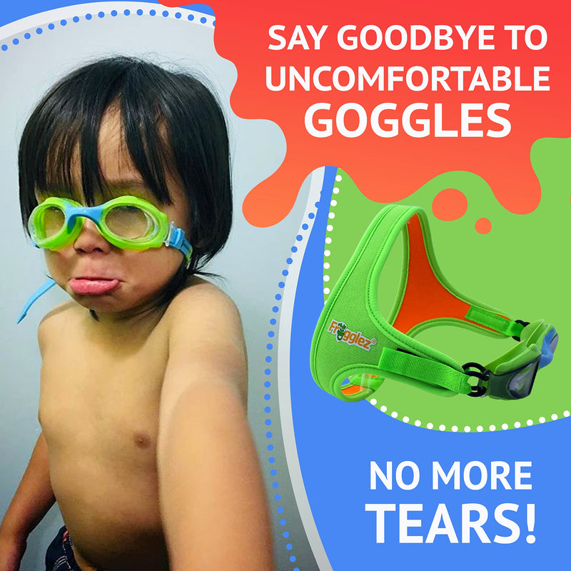 Frogglez Anti-Fog Swimming Goggles for Kids under 10 (Ages 3-10) Recommended by Swim Instructors; Premium Pain-Free Strap Green