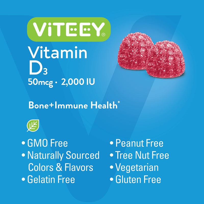 Viteey Vitamin D3 Gummies for Adults & Teens - 2,000 IU, 50mcg | Regular Strength - Joint & Muscle Health, Immune Boost - Chewable Vitamin D Gummies - Vegetarian, Gelatin Free - 60 Count 60 Count (Pack of 1)