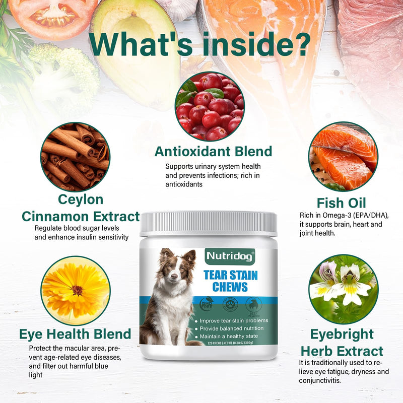 Tear Stain Chews for Dogs - Dog Tear Stain Remover & Supplement with Antioxidant Blend, Vitamin C, Lutein - 120ct Beef Flavor Soft Chews for Eye Health & White Fur Care (ND-038) ND-038
