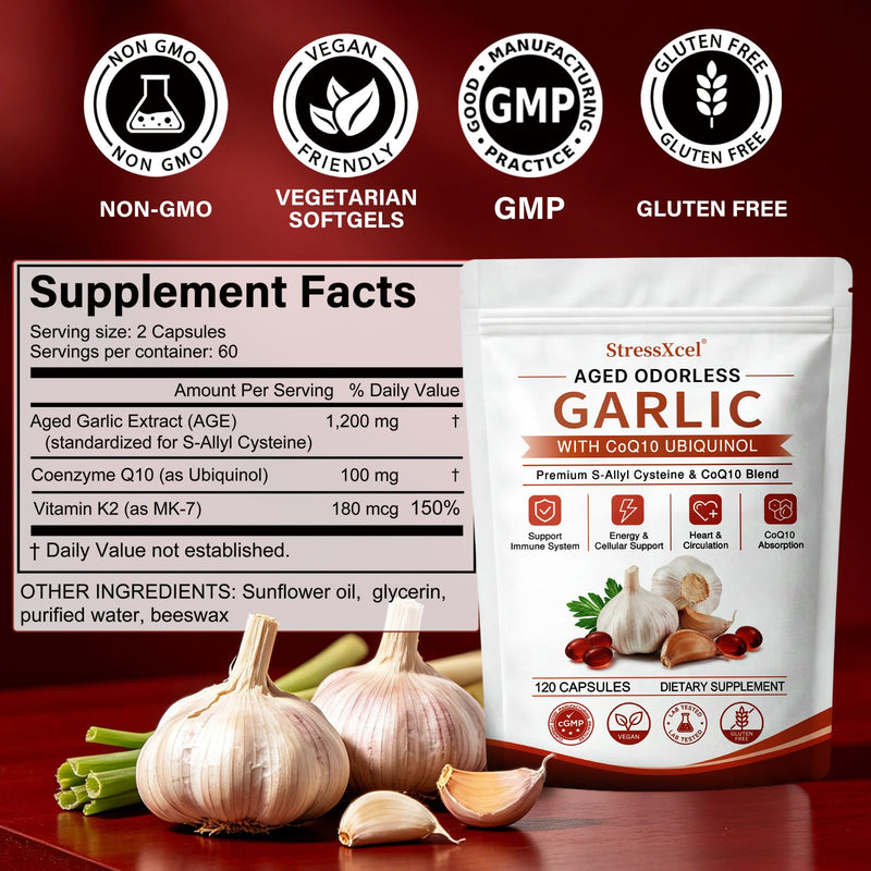 Aged Odorless Garlic Extract Softgels with CoQ10 Ubiquinol and Vitamin K2 - 1200mg Aged Garlic Supplement, S - Allyl Cysteine Standardized for Optimal Heart Health & Immune Support - 120 Softgels