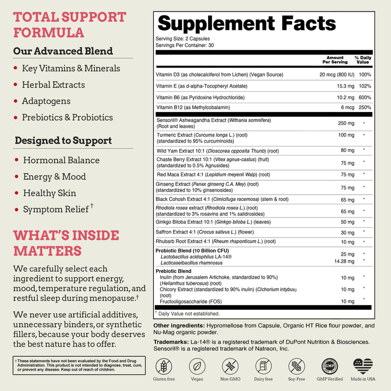 Total Menopause Formula 17-in-1 Stress Support Supplement for Women with Ashwagandha, Black Cohosh (Hormonal Balance), Maca, Probiotics, Vitamins D3, B6, B12, Vitality & Mental Clarity | 60 Capsules