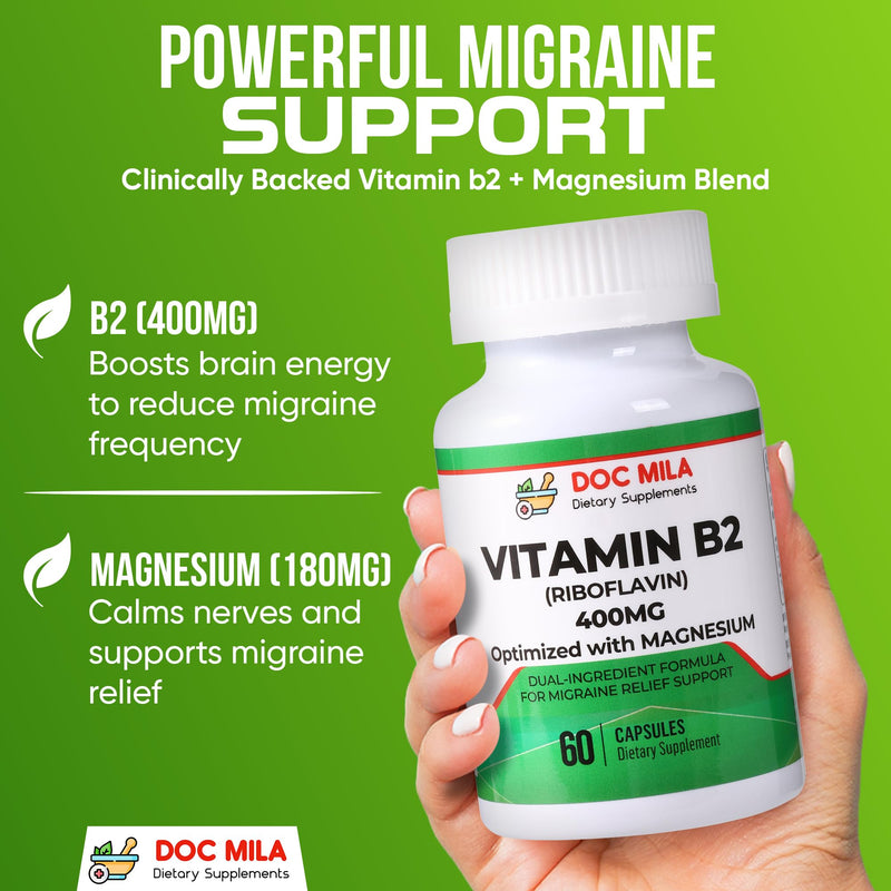 Vitamin B2 Riboflavin 400mg Capsules – Migraine Relief Supplement for Kids & Adults – Headache Support – Vegan Vitamin Tablets – 60 Pills (200mg per Capsule)