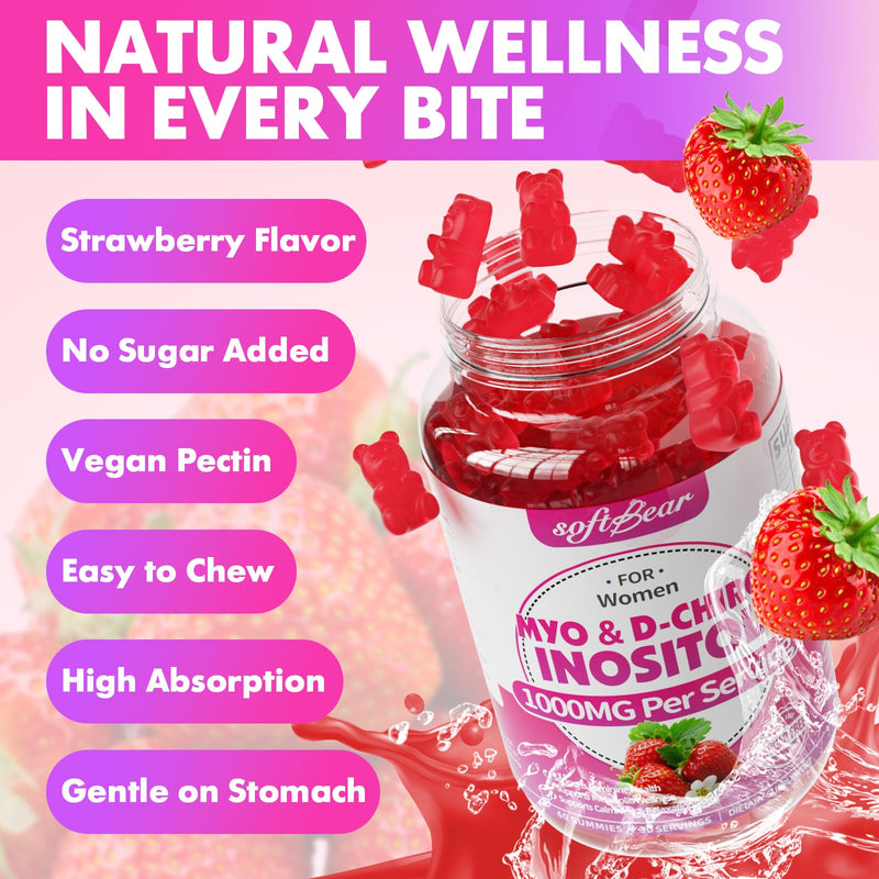 softbear Inositol Supplement for Women, Myo-Inositol & D-Chiro Inositol Gummies 1000mg with Vitamin D3 for POCS Support & Female Wellness, Sugar-Free/Veagn/GMO-Free, Strawberry Flavor, 60 Count 60 Count (Pack of 1)