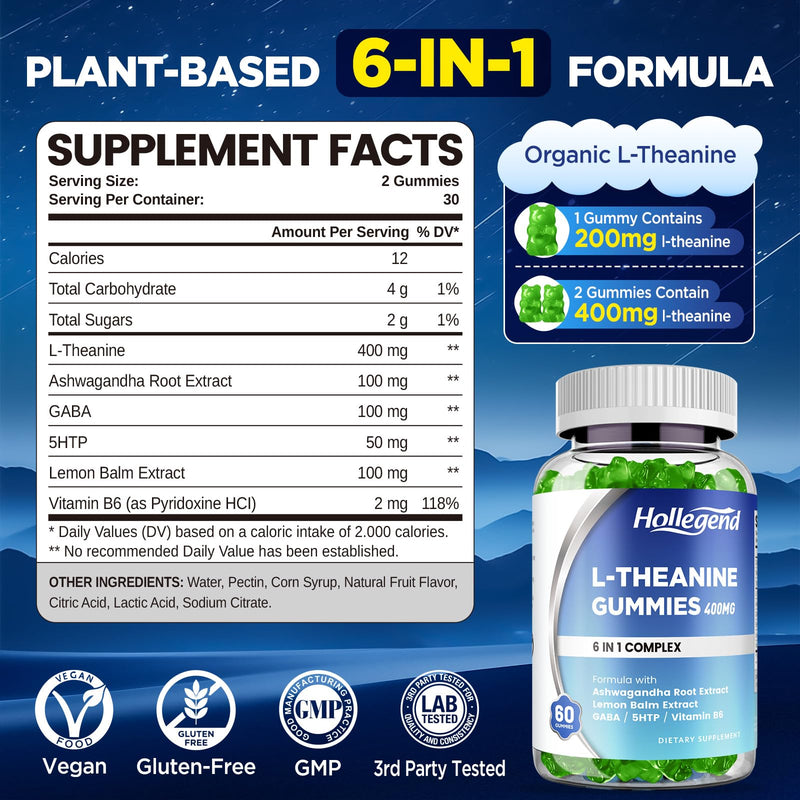 L-Theanine Gummies, l'theanine 400mg Supplement for Adults & Kids | With Ashwagandha, GABA, 5HTP, Lemon Balm, Vitamin B6, Relax, Zzz & Focus Support, Vegan, Lemon Flavor, 120 Chewables 1 Count (Pack of 120)