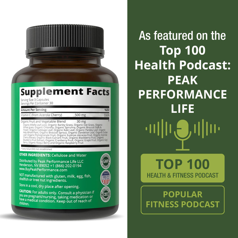 Peak Performance Raw Whole Food Vitamin C Capsules from Acerola Cherry | Natural Vegan USA Sourced Vitamin C Supplement for Max Absorption. 90 Pills. 500 mg Serving or 2 Servings for 1000mg