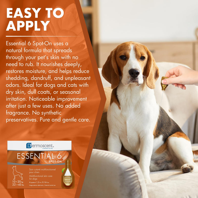Dermoscent | Essential 6 Spot-On - Dog Itchy Skin Relief | Dandruff & Allergy Relief with Vitamin E Oil | Natural Ingredients for Sensitive Skin | Dogs 10-20 kg | 4 Pipettes of 1.2 ml