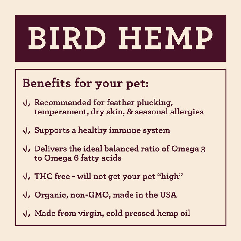 Organic Hemp Well Bird Hemp Oil – 2 Ounces. Parrot, Parakeet, Cockatiel and All Birds for Supporting Health, Feather Plucking, Destructive Behavior Reduction, Immune Support, and Relaxation. - BeesActive Australia