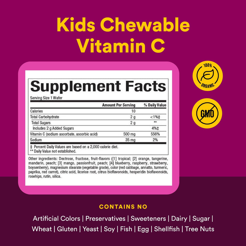 Natural Factors, Kids Chewable Vitamin C 500 mg, Supports Immune Health, Bones, Teeth and Gums, Mixed Fruit, 90 Wafers 90 Count (Pack of 1)