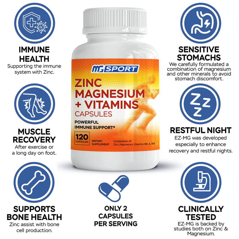 MgSport ZMA Supplement, 120 Capsules | Clinically Tested Zinc Magnesium, High Absorption, Enhanced with Vitamins B6 B9, Muscle Recovery, Gentle on Stomach Formula