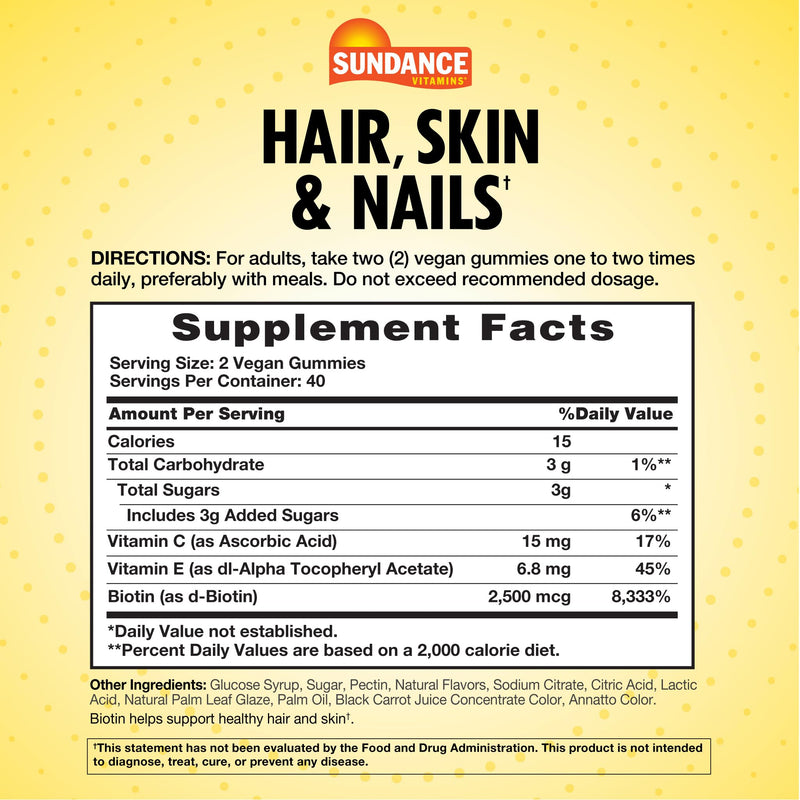 Sundance Hair, Skin, and Nails Gummies with Biotin | 2500 mcg | 80 Count | Fruit Flavor Vitamin | Vegan, Non-GMO & Gluten Free Supplement