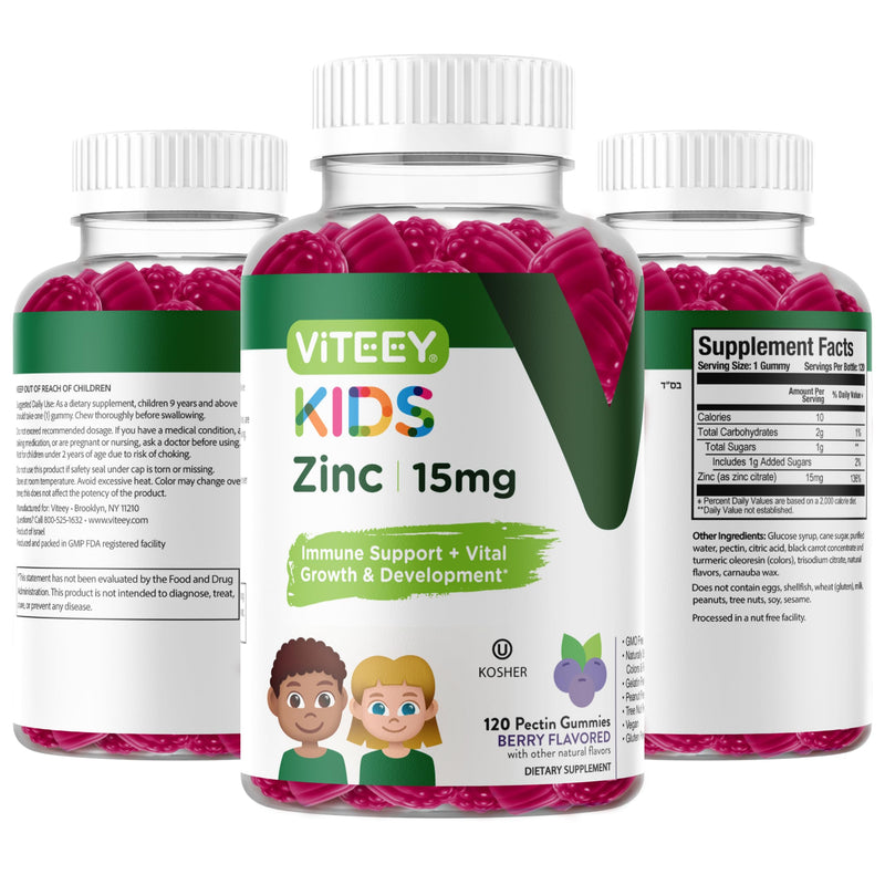 Viteey Zinc for Kids Gummies - 15mg - Tasty Chewable Berry Flavor Gummy | Immune Support - Powerful Natural Antioxidant, Kids Zinc Vitamin Supplement - Vegan, Gelatin Free, Gluten Free - 120 Count 120 Count (Pack of 1)