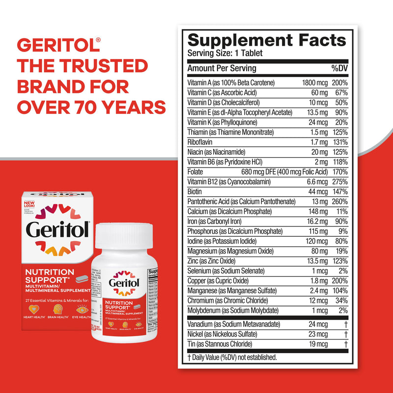 Geritol Multivitamin Supplement, 27 Essential Vitamins & Minerals, 100 Tabs | Daily support for adults, multivitamin tablets with 27 essential vitamins and minerals, gluten-free, non-GMO 100 Count (Pack of 1)