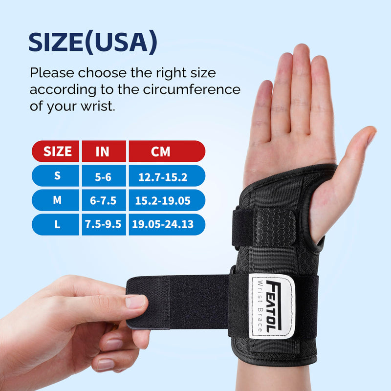 FEATOL 2 Pack Carpal Tunnel Wrist Brace For Work With Wrist Splint, 6.5'' Wrist Brace Night Support For Women Men, Pain Relief For Tendonitis, Arthritis, Pregnancy, Typing, Right and Left Hand, Medium 2 Pack (R and L)-Black.