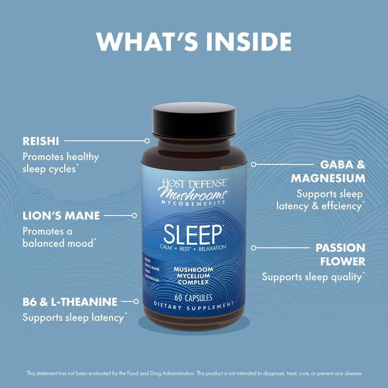 Host Defense MycoBenefits Sleep*, Rest Support, 60 Capsules | Healthy Sleep Quality, Calming Supplement with Magnesium, Lion's Mane and GABA, Aids Balanced Rest Cycles, 30 Servings