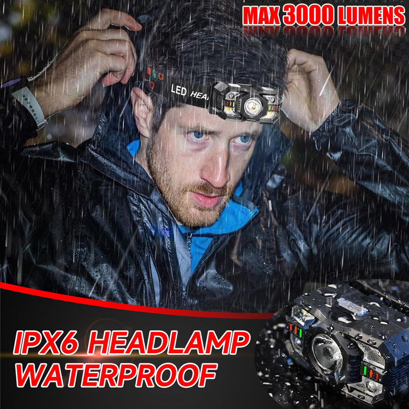 Headlamp Rechargeable 6Pack, 3000 Lumen Ultra-Light Bright Headlamp Flashlight with White Red Light, LED Headlight Motion Sensor, 5+5 Mode for Outdoor Camping Fishing Running Hiking (6) 6