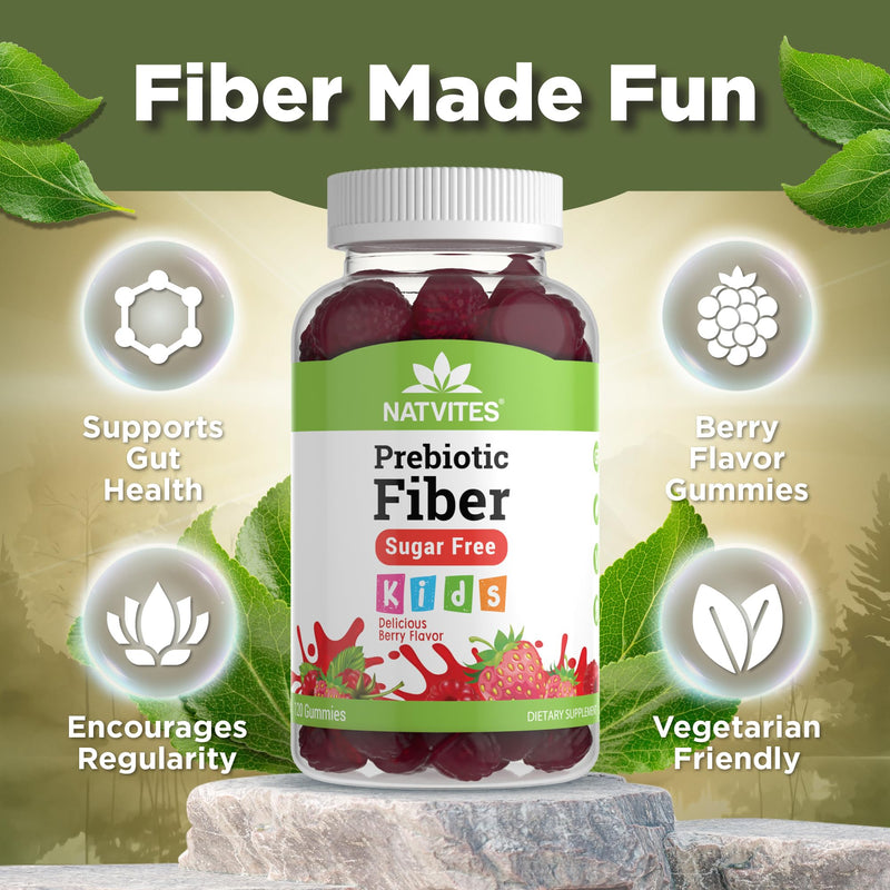 Prebiotic Kids Fiber Gummies, for Children Ages 2 & Up - Sugar Free Vegetarian Gelatin Free Non-GMO, Kids Fiber Supplements for Digestive Health (120 Count)