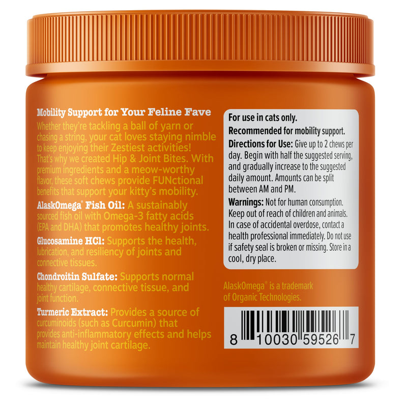 Zesty Paws Hip & Joint Bites for Cats - Glucosamine for Cats - with Chondroitin, Turmeric - Cat Joint Supplement for Hip & Joints - AlaskOmega Fish Oil with Omega-3 Fatty Acids - 60 Count Chicken - Cat 60 Count (Pack of 1)