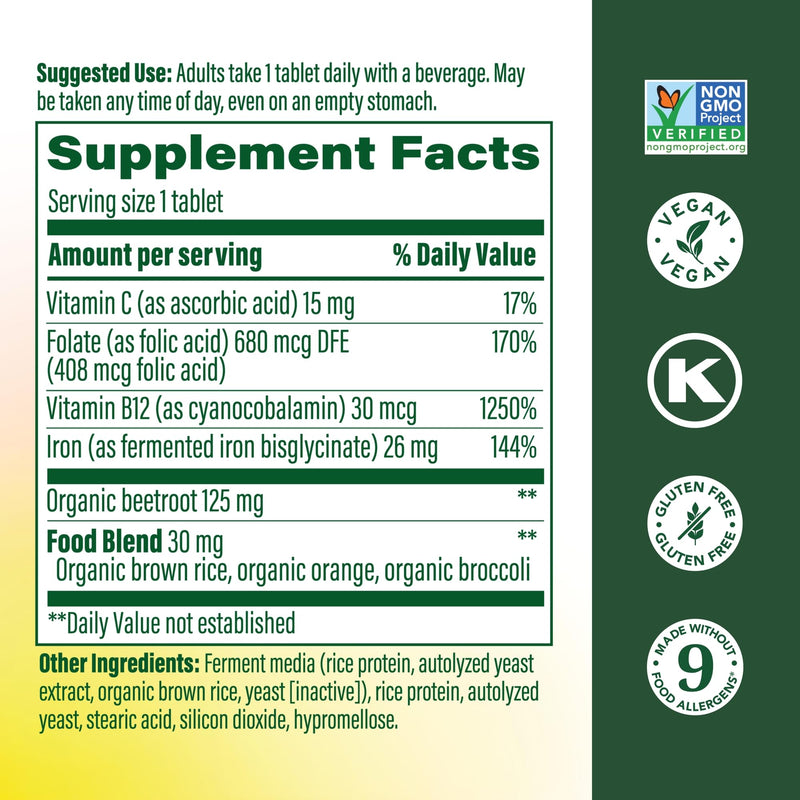 MegaFood Blood Builder Iron Supplement, Energy Support, Vegan, 30 Tablets | Increase Iron Levels Without Side Effects, Improves Energy Levels, B12, Folic Acid and Vitamin C for Absorption, 30 Servings Unflavored 30 Count (Pack of 1)