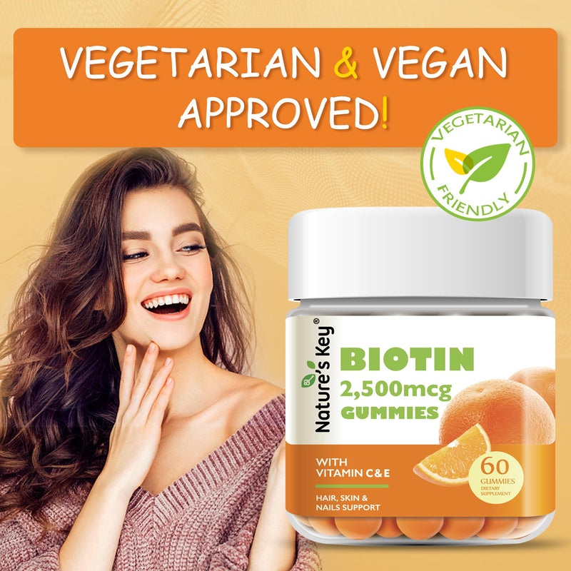 Nature's Key Biotin Gummies with Vitamin C and E, Support Hair Nails Growth & Beautiful Skin for Women Men and Kids, Vegan, Orange Flavors 60 Count 60 Count (Pack of 1)