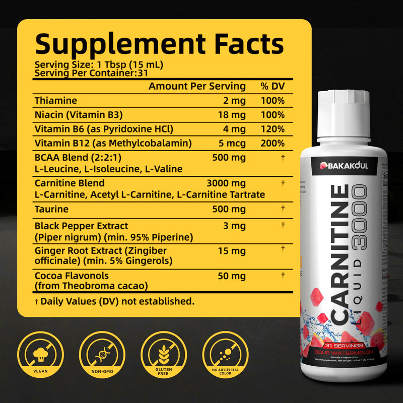 L Carnitine Supplement Liquid 3000 mg, with BCAA Sports Supplements, Help Support Energy Boosts, Support Muscle, Efficient Formula with Acetyl Rapid Absorption, Sustained Energy, Watermelon Flavor