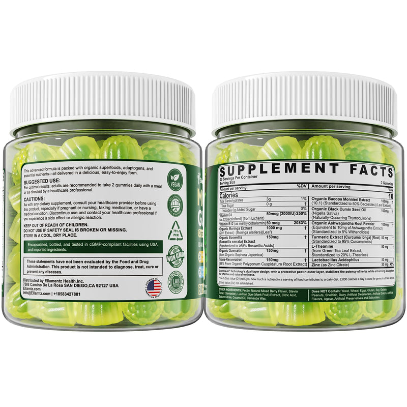 Moringa Gummies 1000mg for Women & Men Sugar-Free, 13-in-1 Superfood with Turmeric, Ashwagandha, Trans-Resveratrol, VB12 D3, Pure Moringa Leaf Supplement for Energy, Immune, Skin,Antioxidant, 2Pack 60 Count (Pack of 2)