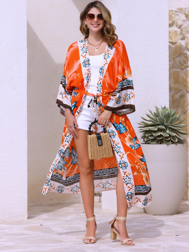 Allegra K Women's Kimono Cardigans Loose Fit Causal Beach Floral Print Boho Cardigan Swimsuit Cover Up Medium Orange - BeesActive Australia