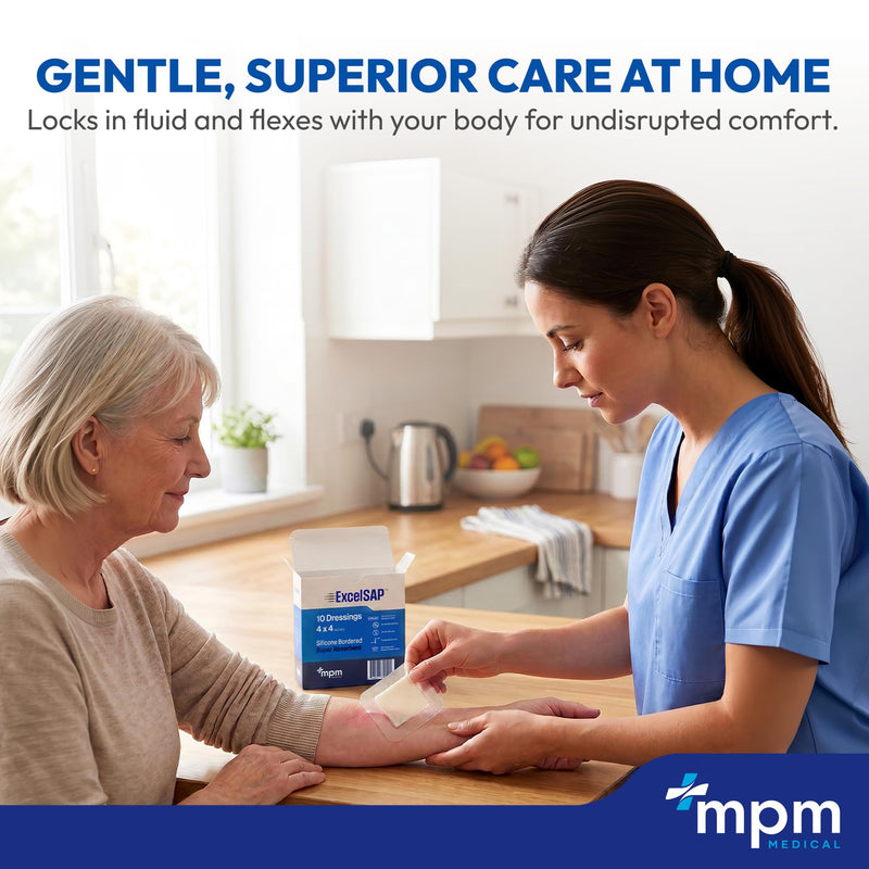 MPM Medical Excel SAP Silicone Bordered Superabsorbent Dressing 4x4, 10 Ct