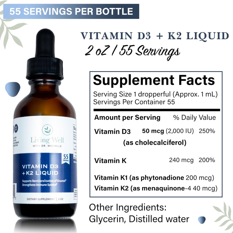 Liquid Vitamin D3 2000 IU with K2 + K1, Immune & Bone Support, 2 oz | Dentist-Developed for Strong Teeth & Calcium Absorption, Non-GMO, Gluten-Free, Soy-Free