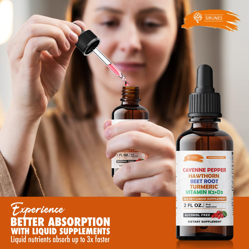 Cayenne Pepper Drops with Hawthorn Beet Root Turmeric Vitamin K2+D3 Liquid Supplement, Alcohol Free, 2 FL OZ, 60 Servings