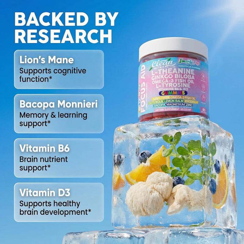 Clean Nutra Kids Focus Gummies with L-Theanine, Ginkgo Biloba, Omega-3 Fish Oil, L-Tyrosine, Vitamin B6, B12-60 Count, Clean Label, Non-GMO, Vegan-Friendly SmartyPop Formula for Kids Support