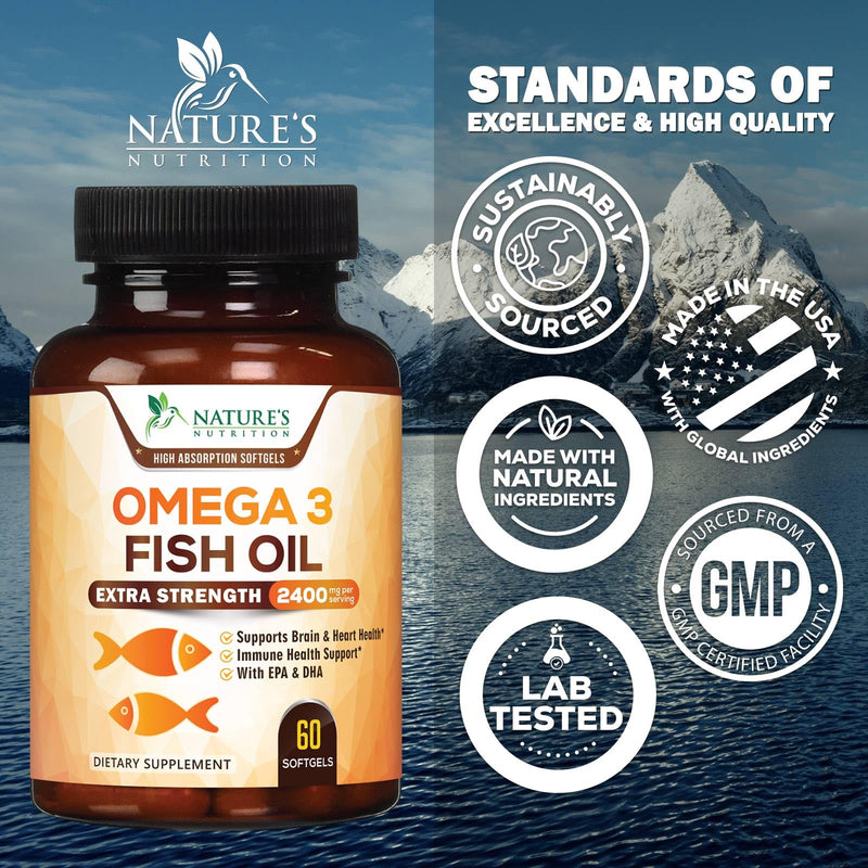 Omega 3 Fish Oil Supplements - 2400mg Fish Oil Per Serving - Triple Strength Omega-3 with EPA & DHA Fatty Acids - Natural Heart, Brain & Immune Support - Wild Caught, Bottled in USA - 60 Softgels 60 Count (Pack of 1)