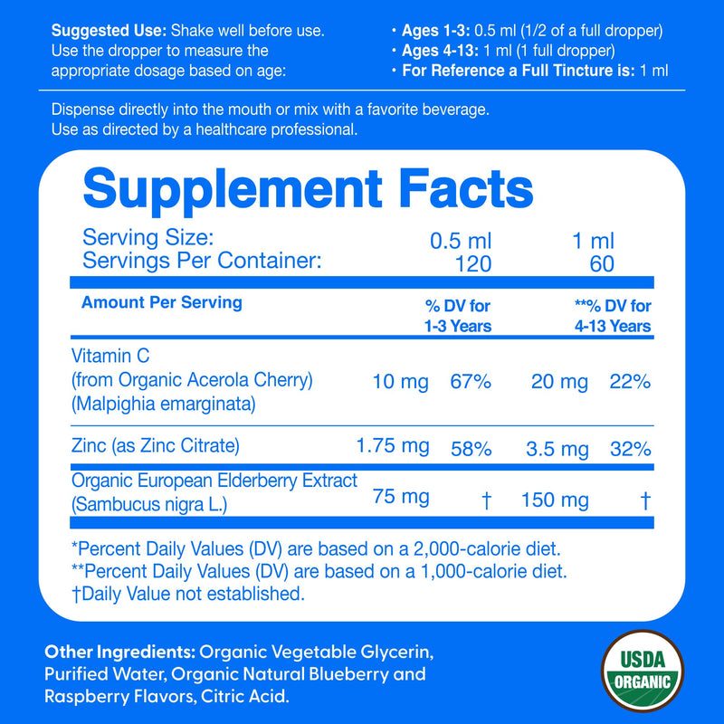 Elderberry for Kids Liquid Drops with Vitamin C & Zinc - 2oz - Children and Toddler Immune Support Supplement USDA Organic Sambucus Elderberry Extract Ages 1-13 Years - Made in USA - 2 fl oz