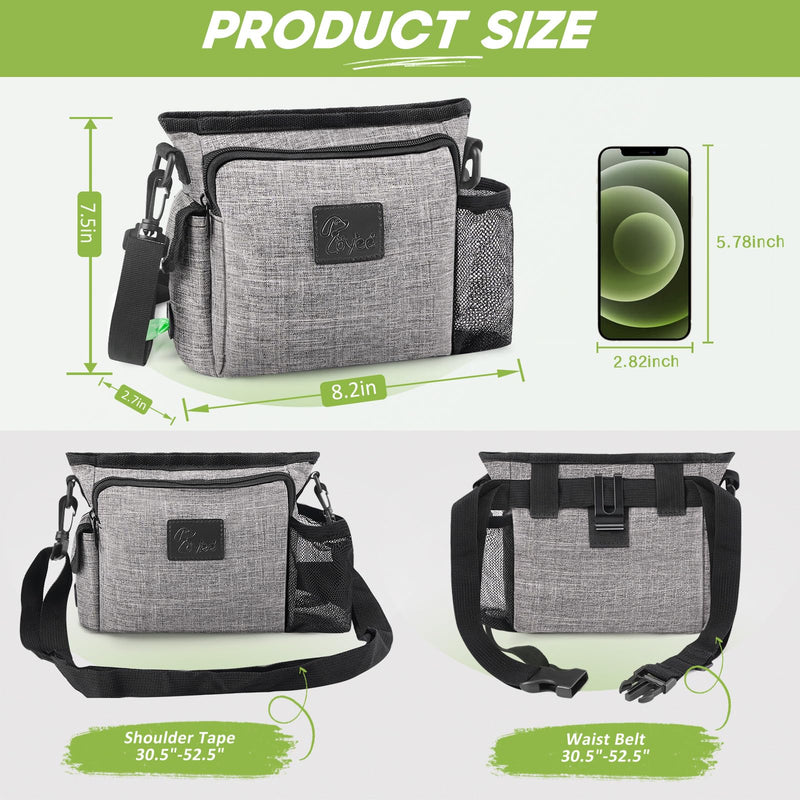 Large Dog Treat Pouch for Training with Magnetic Closure, Portable Dog Walking Fanny Pack Built-in Poop Bag Dispenser and Multiple Pockets, Includes Waist Belt Clip, Adjustable Shoulder Strap (Grey) Grey - BeesActive Australia