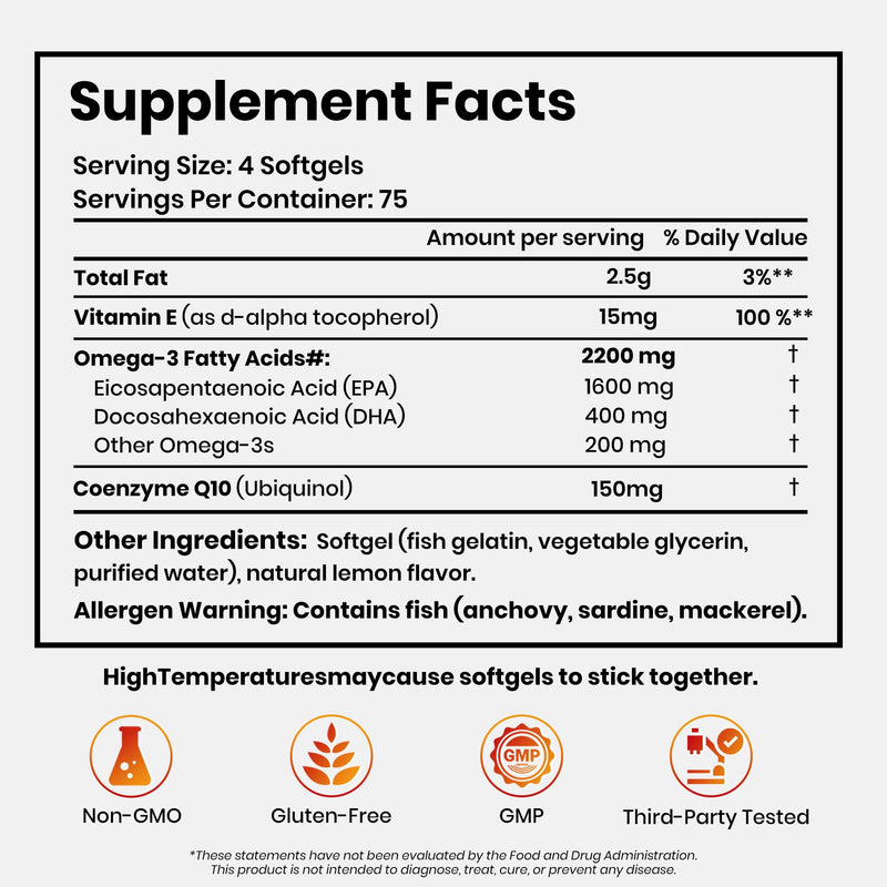 Omega 3 Fish Oil Supplements with CoQ10 for Daily Wellness Support | High EPA DHA Fish Oil Omega 3 Supplements, 2200 mg rTG Omega 3,Lemon Flavor, 300 Softgels