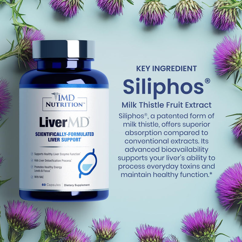 1MD Nutrition LiverMD - Liver Support Supplement | Siliphos Milk Thistle Extract & NAC - Supports Healthy Energy, Immunity & Overall Health - Liver Cleanse & Support | 60 Capsules N-Acetyl Cysteine (NAC) 60 Count (Pack of 1)