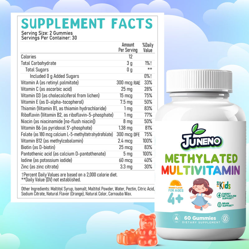 Methylated Multivitamin Gummies for Kids- Vegan Gluten Sugar Free | MTHFR Support Supplement with B Complex 5-MTHF Folate (L-Methylfolate) B1 B3 B6 Methylcobalamin B12 Biotin Vitamins A C D3 E