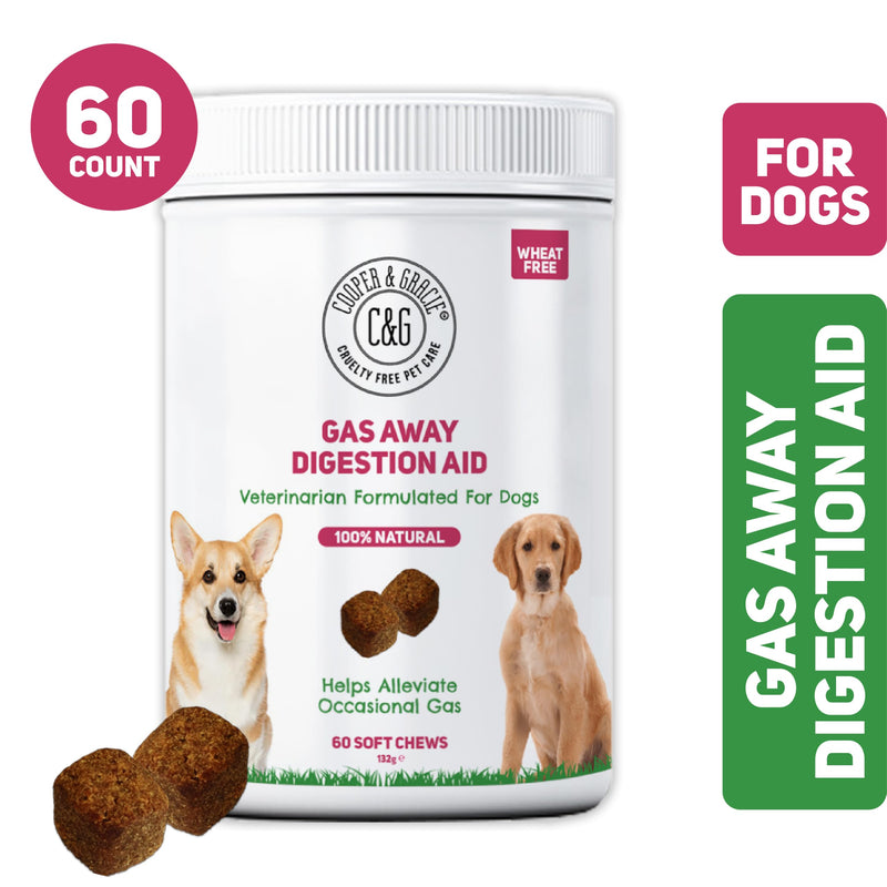 C&G Pets Gas Away Digestion Aid 60 Soft Chews, Gas & Flatulence Supplement Aid for Dogs, Relieve Gas and Bloating Discomfort, Reduces Stool and Urine Odors, Veterinarian Formulated