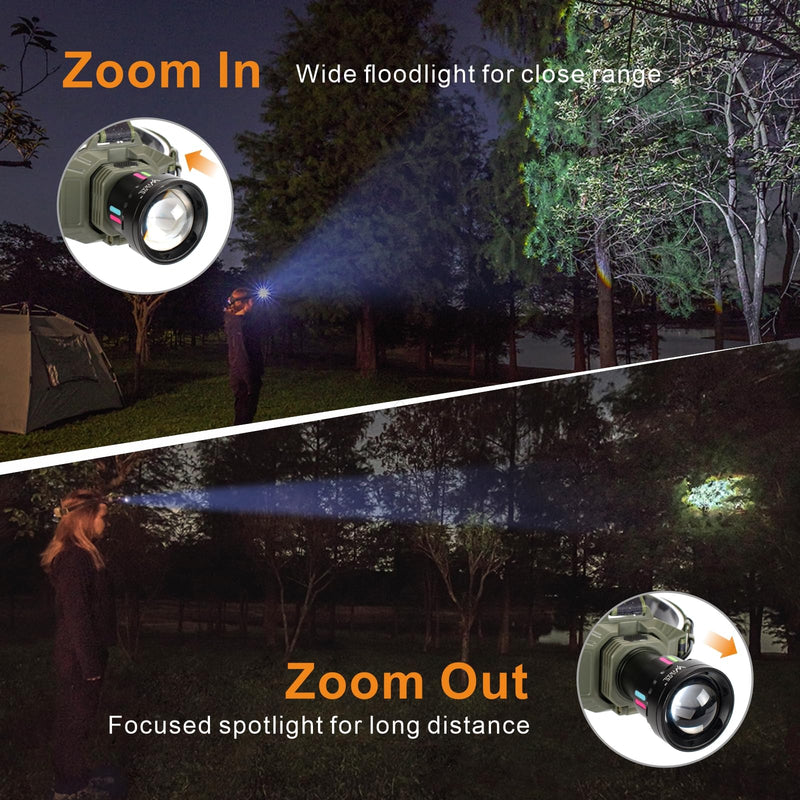 2000 Lumen Rechargeable Headlamp with Wide 180° Adjustment, Zoomable Beam, 4 Light Modes, IPX4 Waterproof Head Light for Camping, Fishing, Running, Cycling, Hiking