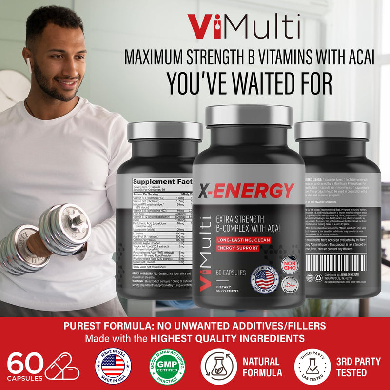 ViMulti X-Energy B Complex with Acai Dietary Supplement - 60 Capsules | For Your Energy Metabolism, Plant Based Formula, B-Complex Vitamins, Folate, Caffeine, Taurine, Magnesium, Ginseng, Rhodiola