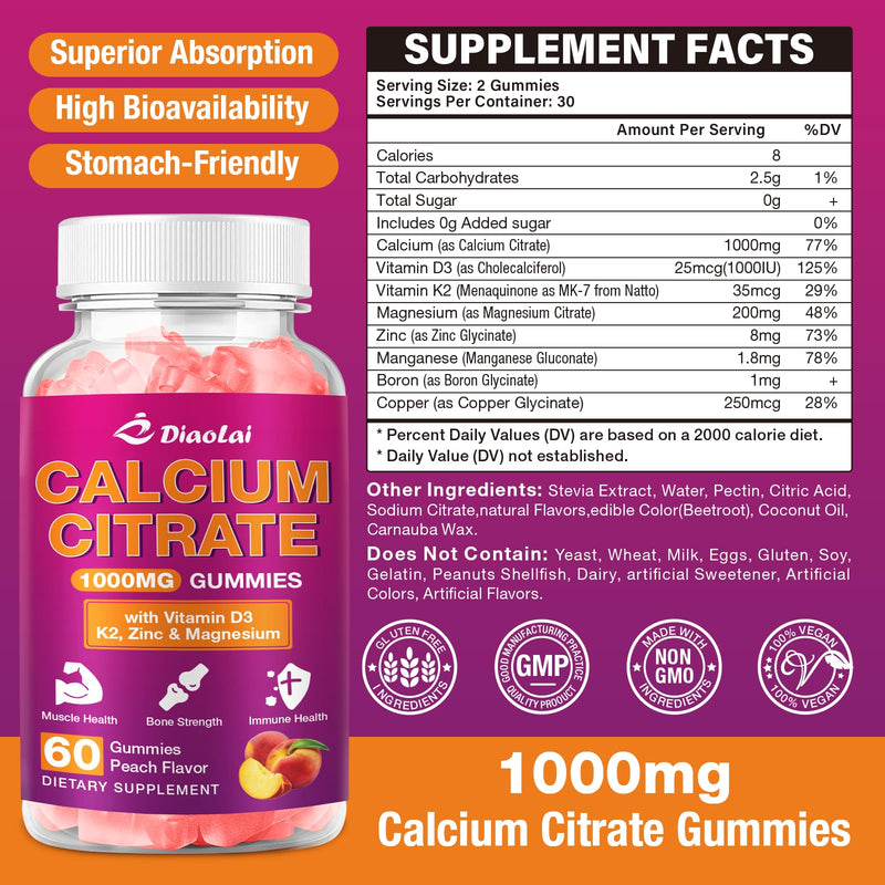 Calcium Citrate Gummies - 1000mg per Serving - Supports Bone & Teeth Health with Vitamin D3 & K2 - Delicious Peach Flavor - Non-GMO, Gluten-Free - 60 Gummies 1 Pack