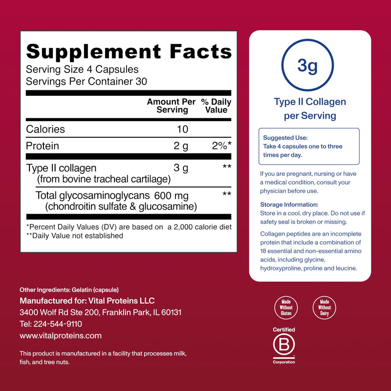Vital Proteins Cartilage Collagen, Type II, 120 Capsules | Grass-fed Type II Collagen & Chondroitin Sulfate, Supports Joint Health, Hair Skin & Nails, 30 Servings 120 Count (Pack of 1)