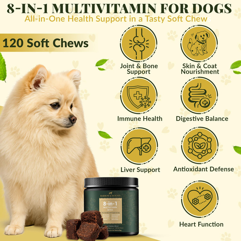 Barrow & Hound - 8-in-1 Multivitamin for Dogs – 120 Soft Chews with Glucosamine, Omega 3, Probiotics, Vitamins A–C–D–E & B-Complex – All-in-One Daily Health Supplement – Natural Chicken Flavor