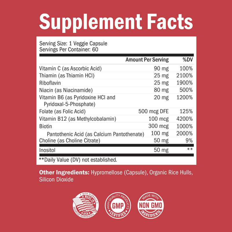 Vitamin B Complex with Vitamin C for Maximum Absorption, 60 Capsules | Methylcobalamin b12 & Folate Folic Acid Supplement - B1 B2 B3 B5 B6 B7 B9 for Energy, Immune & Nervous System Support 60 Count (Pack of 1)