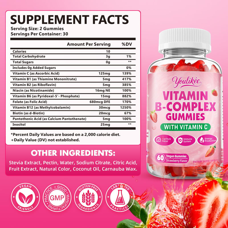 Vitamin B-Complex Gummies for Women & Men, Strawberry Flavor, 60 Count | Methyl B12, B1, B2, B3, B5, B6, B7 & B9 - Vitamin B Complex with Vitamin C for Energy, Brain & Immune Support 60 Count (Pack of 1)
